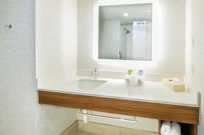 a bathroom with a sink and a mirror at Holiday Inn Express Woodbridge by IHG in Avenel