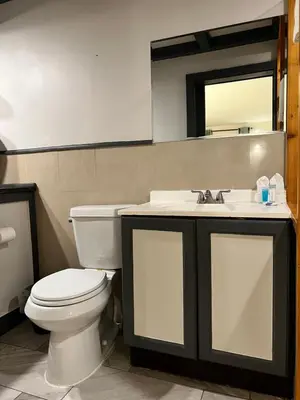 a bathroom with a white toilet and a sink at Chateau Suites in Norristown