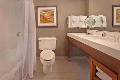 a bathroom with a toilet and a sink and a tub at Courtyard by Marriott Philadelphia City Avenue in Philadelphia