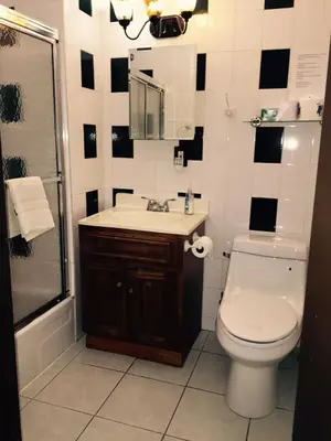 a bathroom with a toilet and a sink and a shower at Beauty Near Times Square in New York