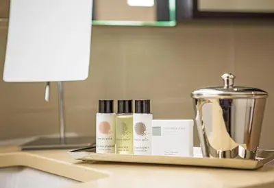 a tray with products sitting on a kitchen counter at Hotel Hayden New York in New York