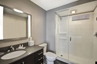 a bathroom with a shower and a sink and a toilet at TownePlace Suites by Marriott Cranbury South Brunswick in Cranbury