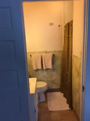 a bathroom with a toilet and a shower with towels at Victorian Charm Inn in Towanda