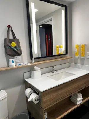 a bathroom with a sink and a large mirror at Tru By Hilton Lancaster East in Lancaster