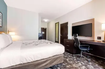 a hotel room with a bed and a desk and a television at Sleep Inn & Suites Middletown - Goshen in Middletown
