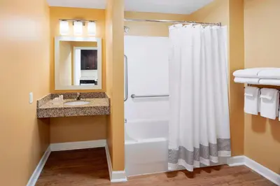 a bathroom with a shower curtain and a sink at TownePlace Suites by Marriott Harrisburg Hershey in Harrisburg