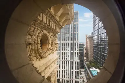 a view of a building through a circular window at Philadelphia Marriott Downtown in Philadelphia