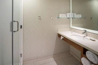 a bathroom with a sink and a shower with a mirror at SpringHill Suites by Marriott Philadelphia Airport / Ridley Park in Ridley Park