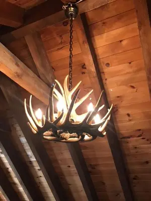 a chandelier with antlers hanging from a ceiling at Roscoe Retreat in Roscoe