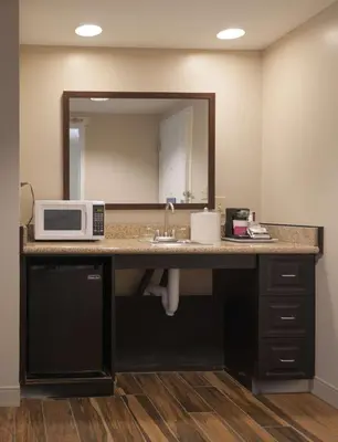 a bathroom counter with a microwave and a mirror at Hampton Inn Doylestown in Warrington