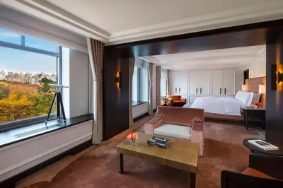 a hotel room with a bed and a large window at The Ritz-Carlton New York, Central Park in New York