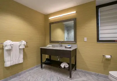 a bathroom with a sink and a mirror and a toilet at Robert Treat Hotel in Newark