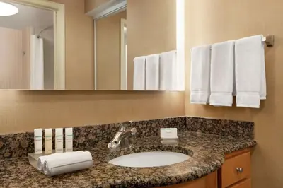 a bathroom with a sink and a mirror and towels at Homewood Suites by Hilton Allentown-West/Fogelsville in Fogelsville