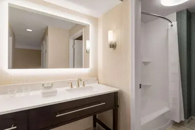 a bathroom with a sink and a mirror and a shower at Homewood Suites by Hilton Wilmington-Brandywine Valley in Talleyville
