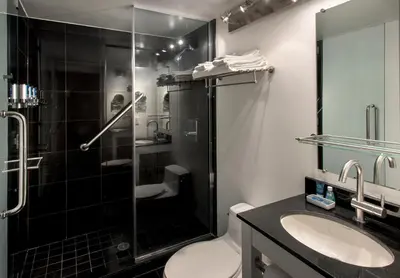 a bathroom with a shower and a toilet and a sink at Four Points by Sheraton Manhattan SoHo Village in New York