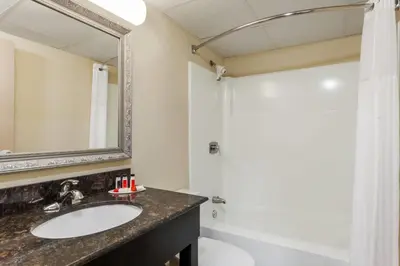 a bathroom with a sink and a shower at Ramada by Wyndham Newburgh/West Point in Newburgh