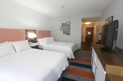 a hotel room with two beds and a flat screen tv at Hampton Inn Owego in Owego