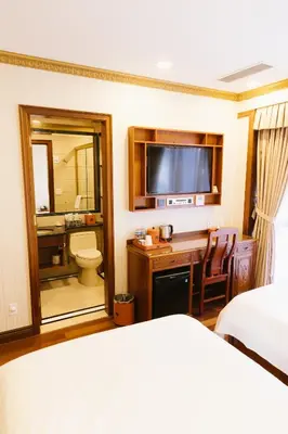 a hotel room with a bed and a desk and a television at The Allen Hotel in New York