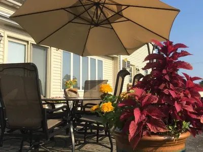 a table and chairs with an umbrella and flowers at Homestead Lodging in Smoketown