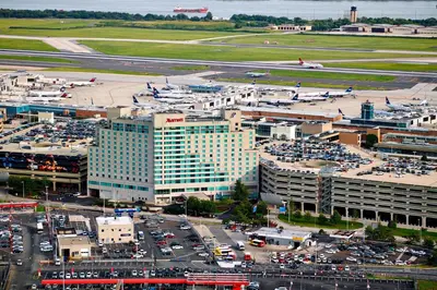 an aerial view of a parking lot near an airport at Philadelphia Airport Marriott in Philadelphia