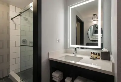 a bathroom with a sink and a mirror and a shower at The Notary Hotel, Philadelphia, Autograph Collection in Philadelphia