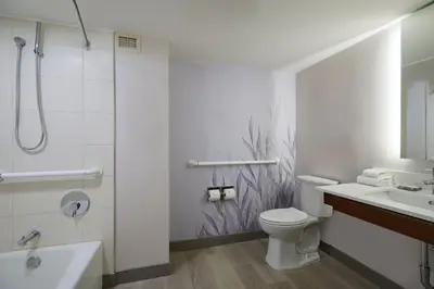 a bathroom with a toilet and a sink and a shower at Hanover Marriott in Whippany