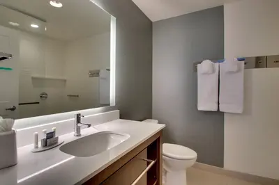 a bathroom with a sink and a toilet and a mirror at Residence Inn by Marriott Philadelphia Valley Forge/Collegeville in Collegeville