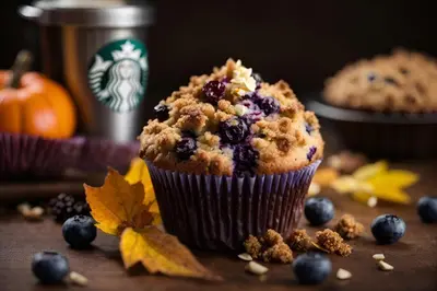a blueberry muffin sitting on a table with autumn leaves at Courtyard Philadelphia Great Valley/Malvern in Malvern