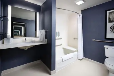 a bathroom with a toilet and a sink and a shower at Residence Inn Mount Olive At International Trade Center in Stanhope