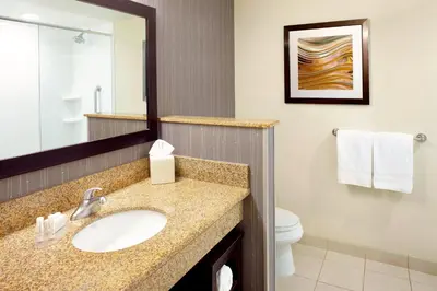 a bathroom with a sink and a toilet and a mirror at Courtyard Reading Wyomissing in Reading