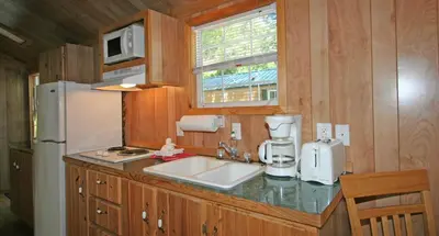 a small kitchen with a sink and a refrigerator at Robin Hill Camping Resort Premium Cottage 9 in Lenhartsville