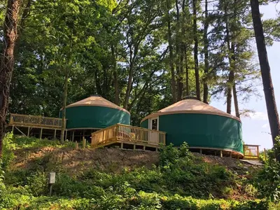 two yurt homes on a hill in the woods at Circle M Camping Resort Yurt in Lancaster