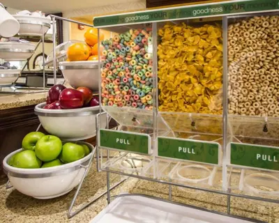 a display of different types of fruits and vegetables at Quality Suites NYC Gateway in North Bergen