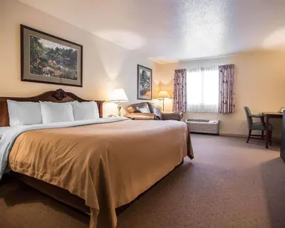 a hotel room with a large bed and a desk at Quality Inn New Columbia-Lewisburg in New Columbia