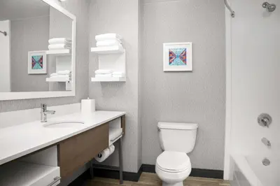 a bathroom with a toilet and a sink and a mirror at Hampton Inn Easton in Easton