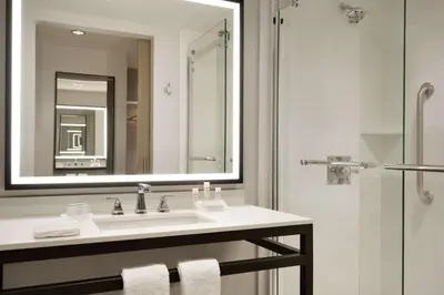 a bathroom with a sink and a mirror and a shower at Hilton Garden Inn Newtown Square Radnor in Newtown Square