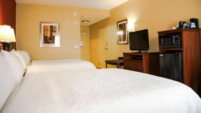 a hotel room with two beds and a flat screen tv at Hampton Inn Matamoras in Matamoras