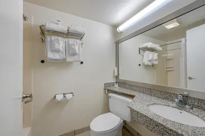 a bathroom with a toilet and a sink and a mirror at Quality Inn Enola - Harrisburg in Harrisburg
