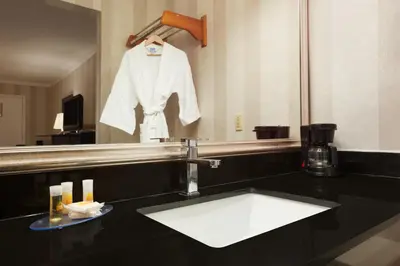 a bathroom with a sink and a mirror and a towel at Days Inn by Wyndham Wilmington Brandywine in Talleyville