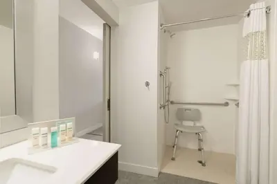 a bathroom with a shower and a sink and a chair at Hampton Inn Reading/Wyomissing in Wyomissing