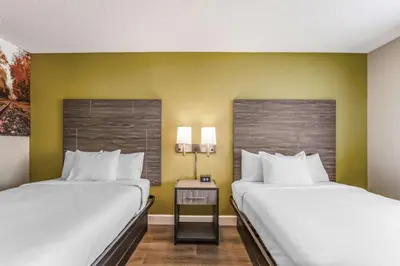 two beds in a room with yellow walls at SureStay Plus Hotel by Best Western McGuire AFB Jackson in Cookstown