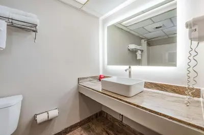 a bathroom with a sink and a mirror at SureStay Plus Hotel by Best Western McGuire AFB Jackson in Cookstown