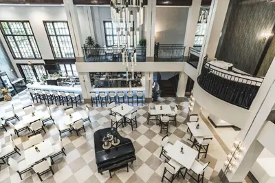 an overhead view of a restaurant with tables and chairs at Hampton Inn & Suites Fairfield in Fairfield