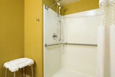 a bathroom with a shower and a sink and a toilet at Hampton Inn Selinsgrove/Shamokin Dam in Shamokin Dam