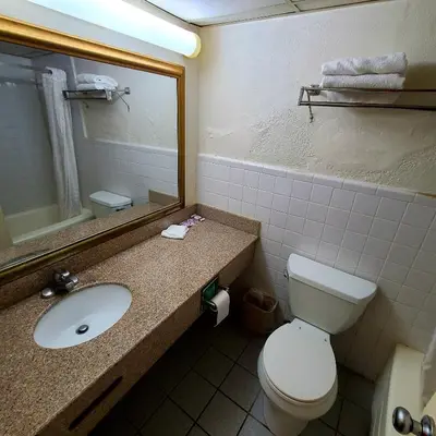 a bathroom with a toilet and a sink and a mirror at Town Inn in Bordentown