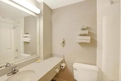 a bathroom with a sink and a toilet and a mirror at Days Inn by Wyndham Parsippany in Parsippany