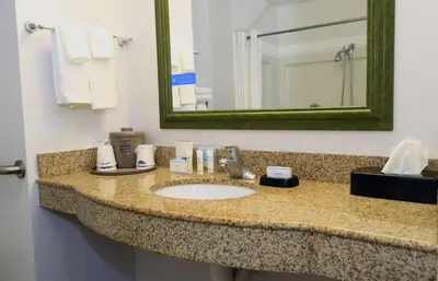 a bathroom with a sink and a mirror at Hampton Inn and Suites of Lamar in Mill Hall