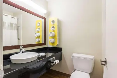 a bathroom with a sink and a toilet and a mirror at Motel 6 New Brunswick in New Brunswick