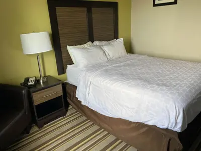 a hotel room with a bed with a lamp and a phone at Motel 6 Lancaster in Lancaster