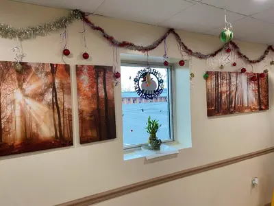 a window in a room with christmas decorations at Circle Motor Lodge in South Amboy